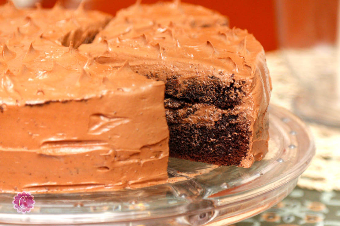 Sliced view of double chocolate cake